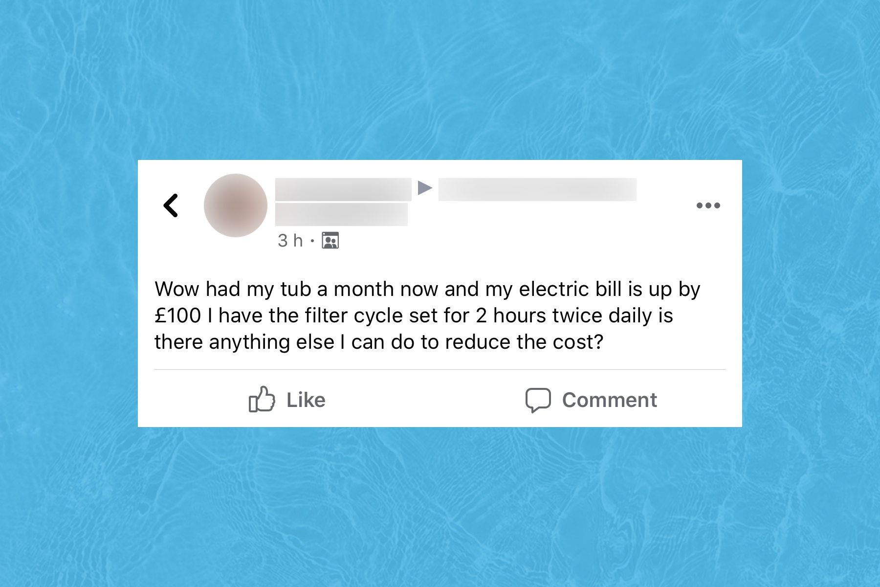 Screenshot of Facebook post asking how to reduce expensive hot tub running costs.
