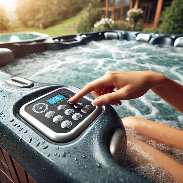 image of hot tub owner lowering hot tub temperatures to save energy